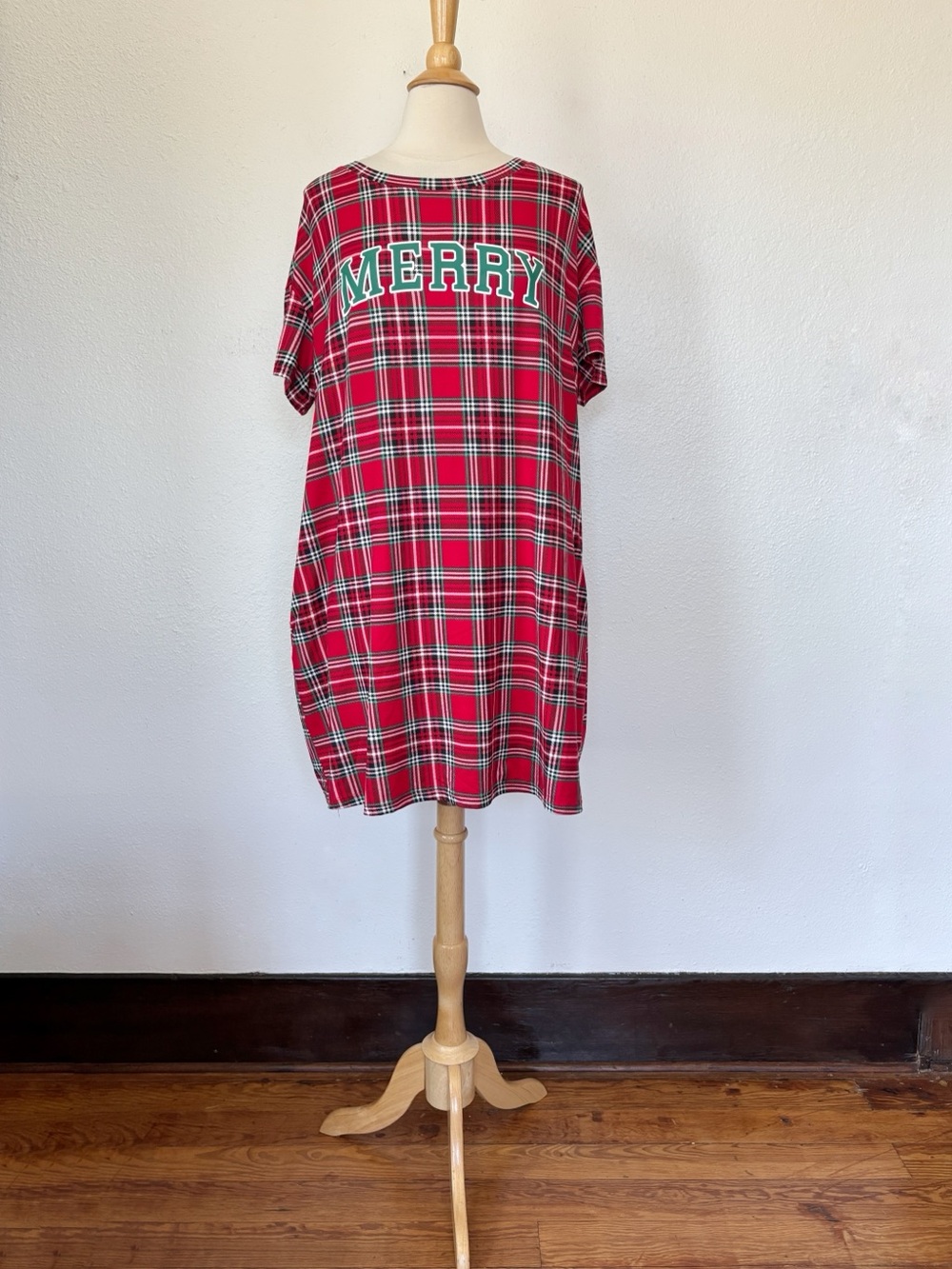 Red Short Sleeve Plaid Christmas Night Gown
